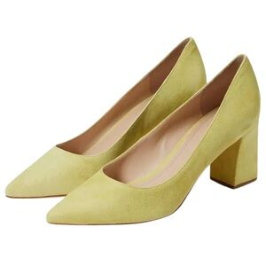 Marc Fisher LTD (7.5)“Zala” Yellow Suede Pumps- Block Heel, Pointed Toe Heels